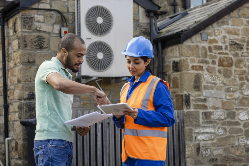 An air source heat pump on the side of a home and an HVAC technician discussing paperwork with a homeowner.