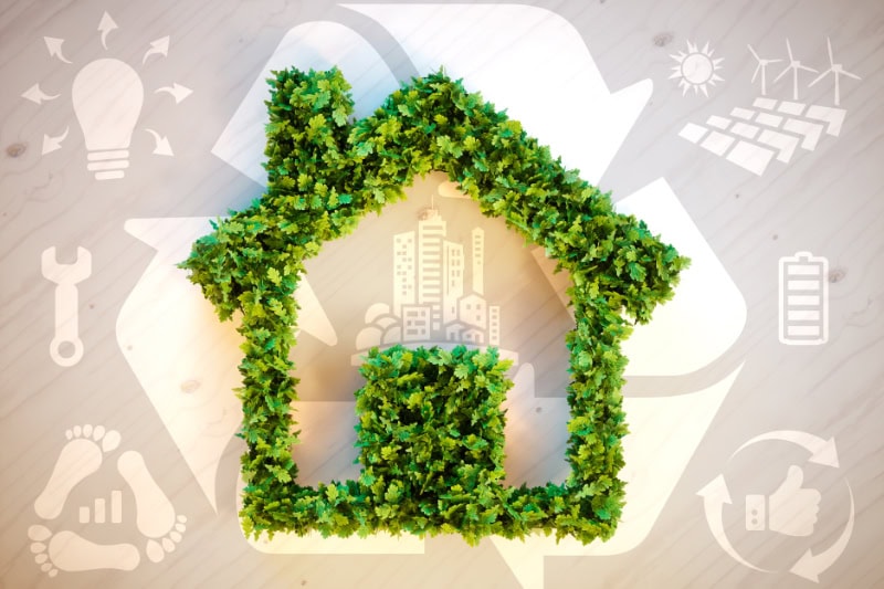 Back to School, Back to Savings: Energy-Efficient Upgrades for Your Home. Sustainable living - 3d illustration with ecology icons on brown wooden background.