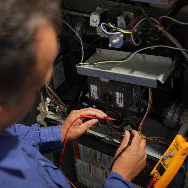 Maki Heating & Air Conditioning technician working on inside heating unit